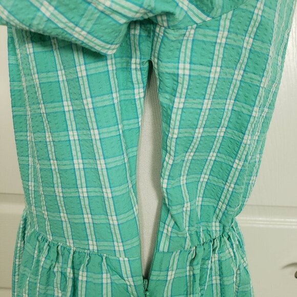 J Crew Factory Seersucker Ruffleneck Mini Dress Womens Size 6 Aqua Plaid Cotton - Picture 6 of 15